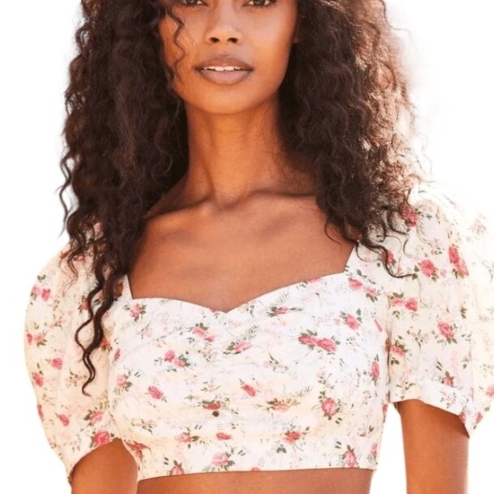 Lulus White Floral Sweetheart Puff Sleeve Smocked Back Crop‎ Top Small NEW